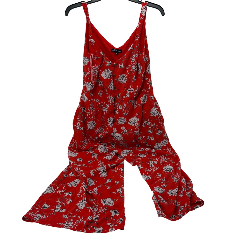 Wishlist Apparel Red Floral Wide Leg Jumpsuit Button Front V-Neck Boho Medium